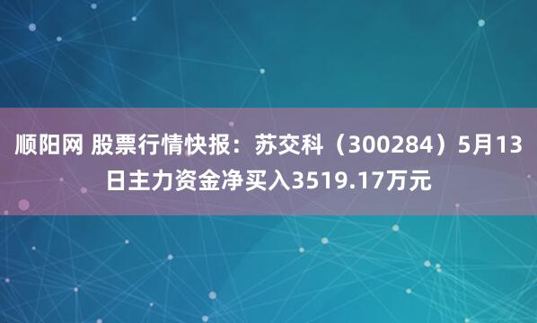 顺阳网 股票行情快报：苏交科（300284）5月13日主力资金净买入3519.17万元